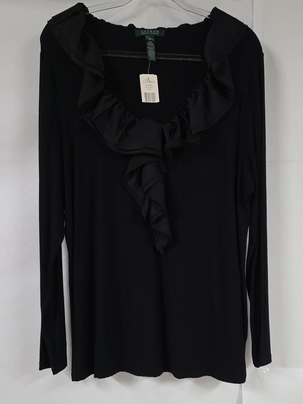 NWT Lauren Ralph Lauren Black Ruffle V-Neck Knit Long Sleeve Top Size 2X